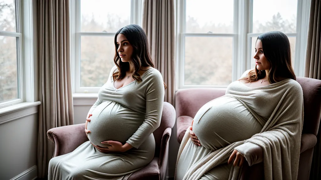 Femme enceinte lisant son guide grossesse santé près d'une fenêtre givrée, pour le bien-être pendant la grossesse
