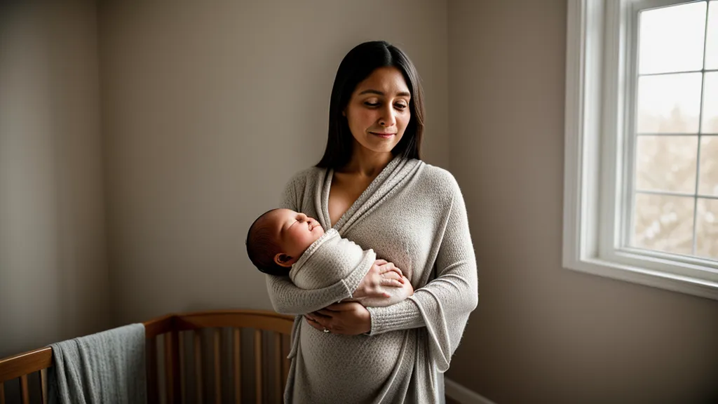 Jeune maman ajustant le nœud de son écharpe de portage pour bébé