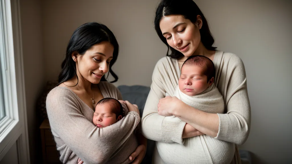 Vêtements de bébé en coton et laine pour l'habillement hiver d'un nouveau-né, disposés sur un lit