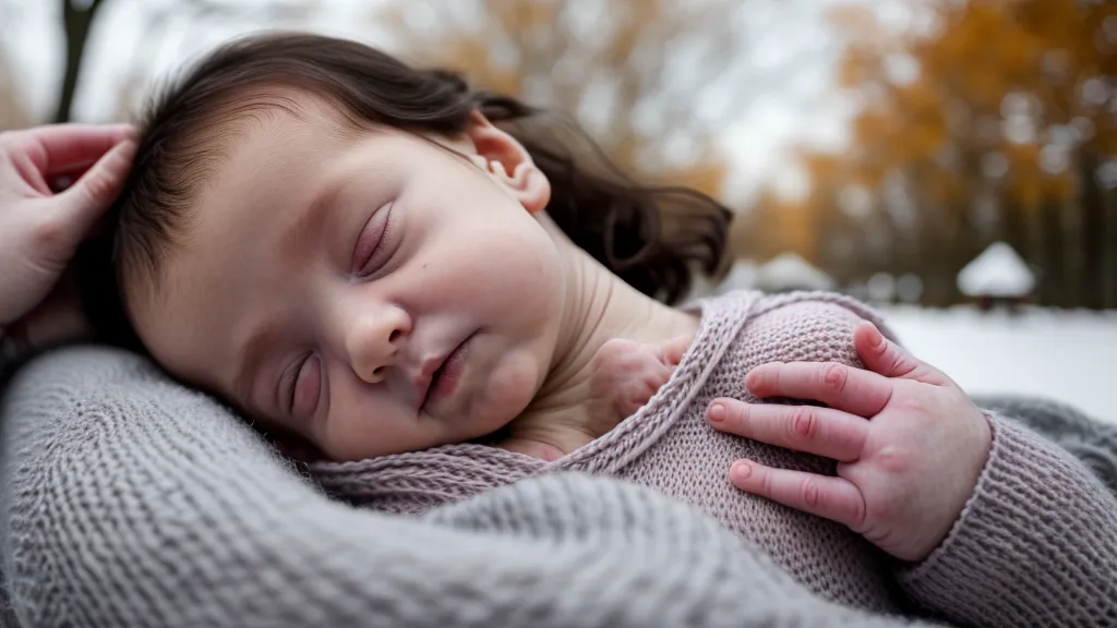 Maman vérifiant si son nouveau-né a trop chaud ou froid en touchant sa nuque pendant une sortie hivernale