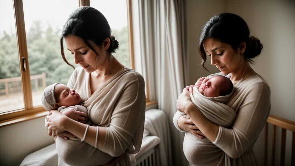 Jeune maman épuisée veillant sur le sommeil de son nouveau-né la nuit