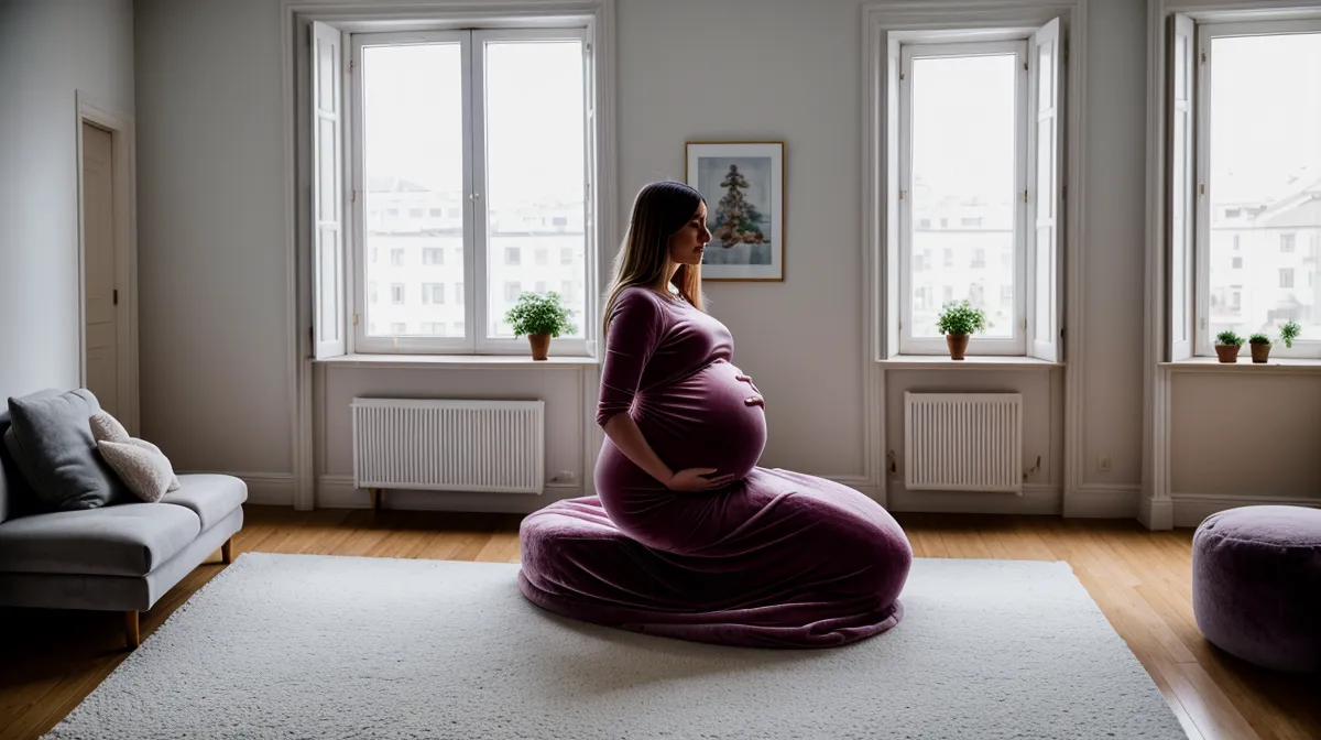 Femme enceinte pratiquant le yoga prénatal à la maison, tapis déroulé au sol pour une séance en sécurité